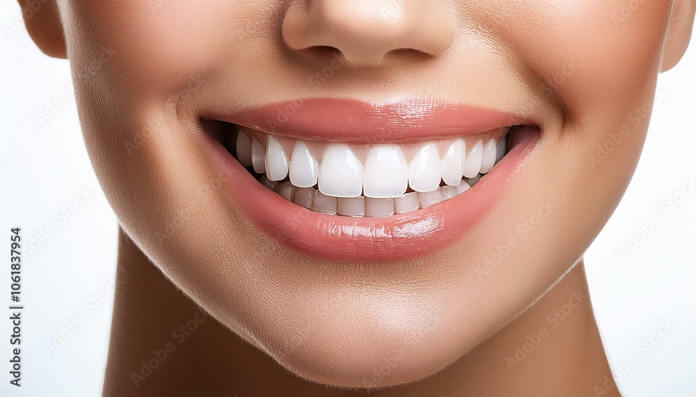 Obraz premium Beautiful white teeth, women's shining smile, dental health, closeup