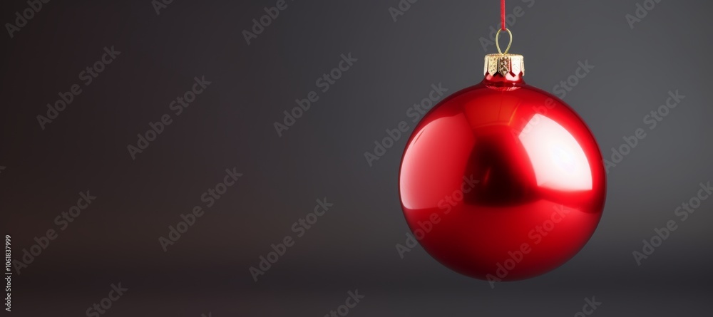 Red Christmas ball hanging on black background with copy space. Ambient, dramatic lighting. Minimal concept of calm, peaceful and serene Christmas and New Year celebration and decoration Red Christmas ball hanging on black background with copy space. Ambient, dramatic lighting. Minimal concept of calm, peaceful and serene Christmas and New Year celebration and decoration