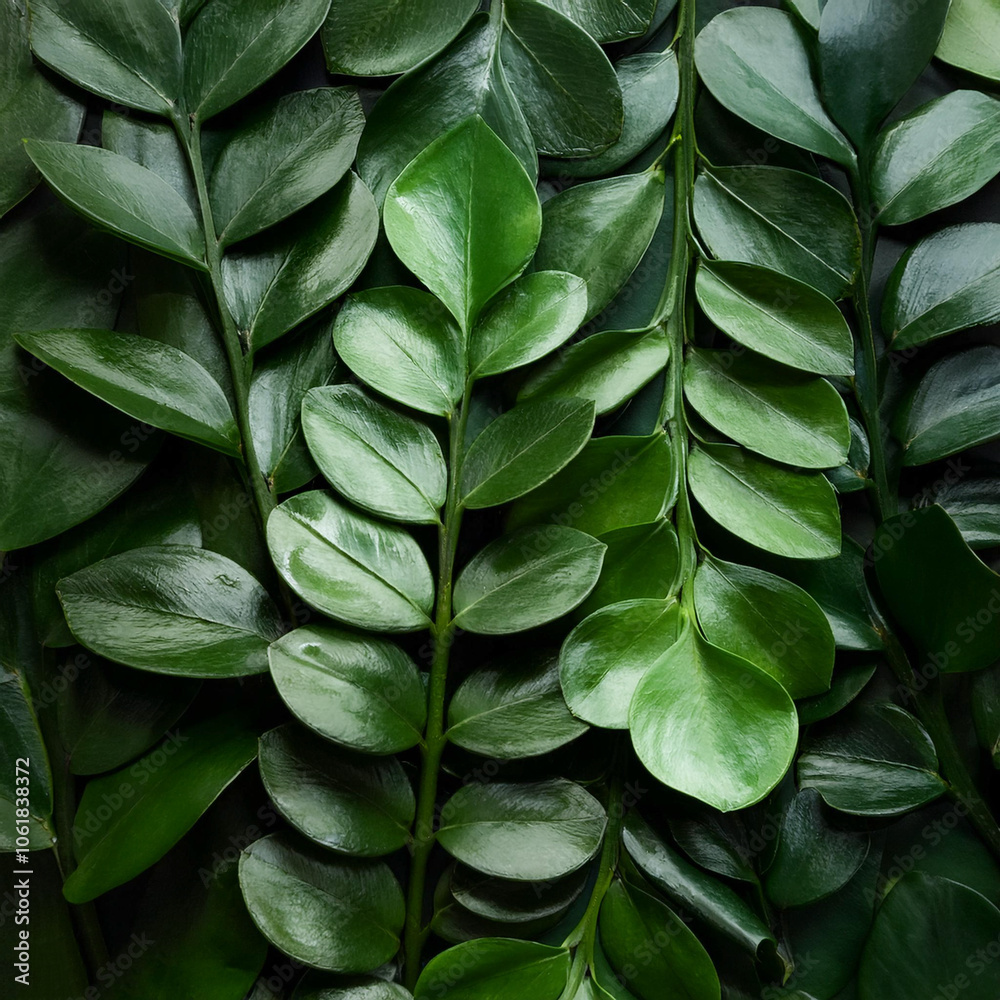 Fototapeta premium Zamioculcas Leaf, Creative background design, focus on the pile of fresh Zamioculcas