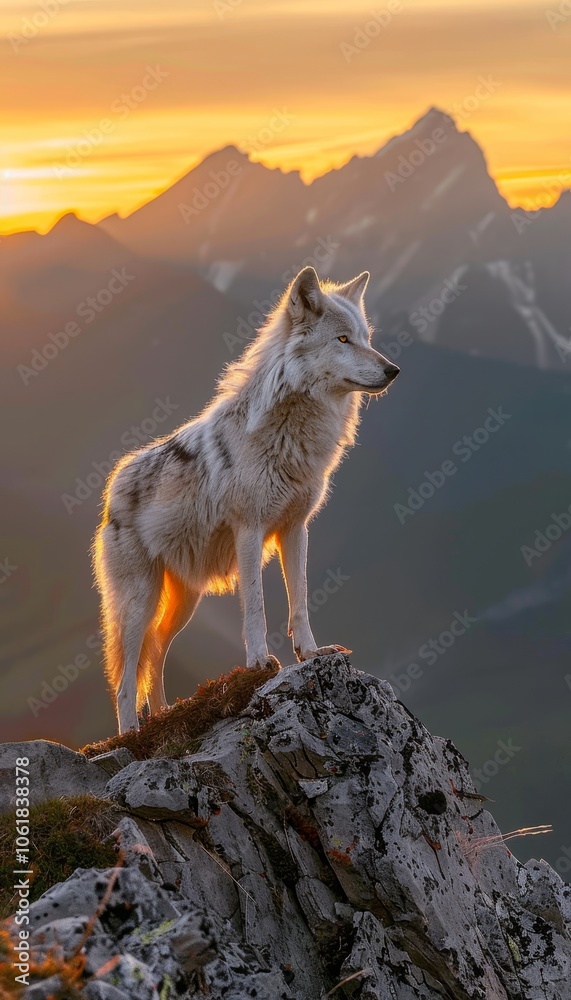 Majestic wolf at mountain peak a striking portrait in golden hour s enchanting light Majestic wolf at mountain peak a striking portrait in golden hour s enchanting light