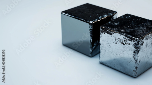 Two gleaming metal blocks, one silver and the other dark gray, sit on a smooth, minimalist white background, symbolizing the contrast between raw magnetic materials used in industr photo