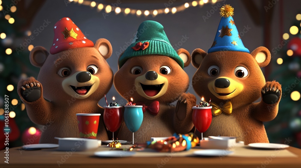 Naklejka premium 3D Cute Cartoon Bears Celebrating New Year's Party