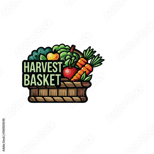 Design a logo for a harvest basket, featuring a basket overflowing with fresh, colorful fruits and vegetables. The basket should be rustic and charming, emphasizing abundance and freshness.