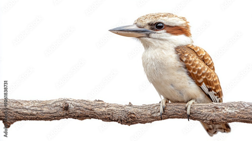 Fototapeta premium Kookaburra Perched on a Branch Isolated Against White Background - Iconic Australian Bird in Natural Stance