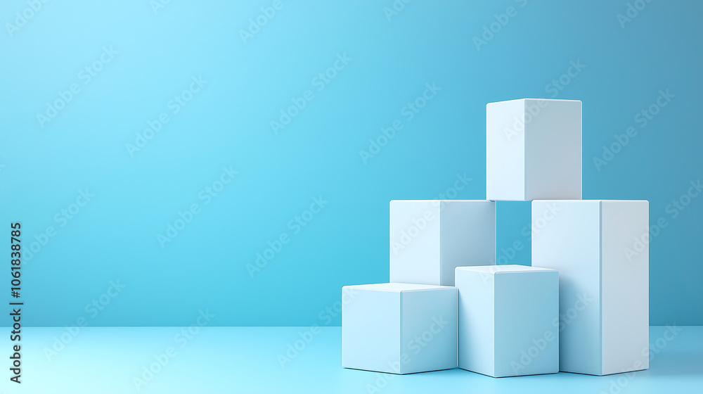 Minimalist white cubes on blue background, ideal for product display or design