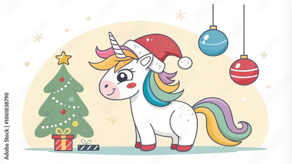 A cheerful unicorn wearing a Santa hat beside a decorated Christmas tree, perfect for festive illustrations and holiday themes. A cheerful unicorn wearing a Santa hat beside a decorated Christmas tree, perfect for festive illustrations and holiday themes.