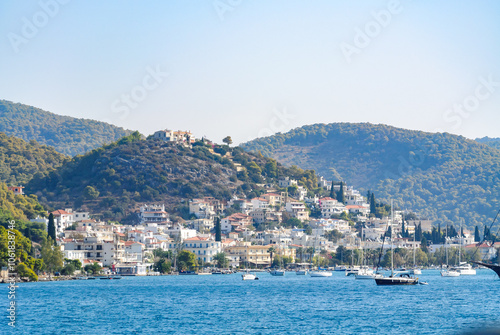 poros island in greece seen from a ship