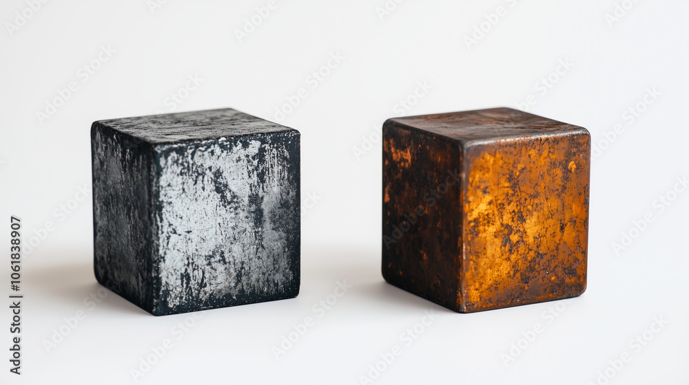A pair of magnetic metal blocks, one smooth and reflective, the other rough and oxidized, set on a simple white background, representing the diversity of magnetic metals used in te A pair of magnetic metal blocks, one smooth and reflective, the other rough and oxidized, set on a simple white background, representing the diversity of magnetic metals used in te