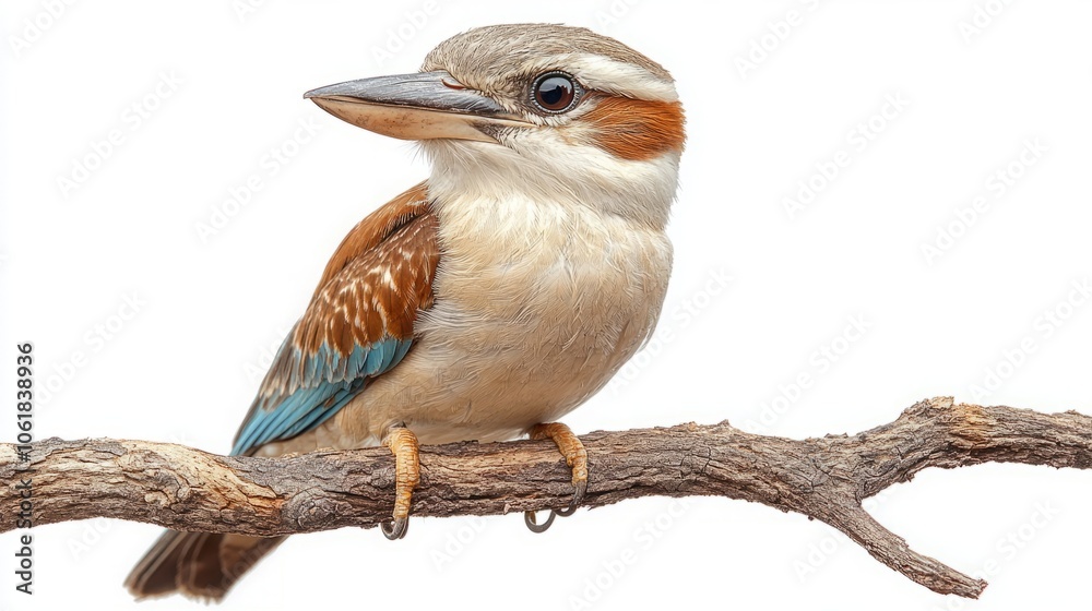 Fototapeta premium Kookaburra Perched on a Branch Isolated Against White Background - Iconic Australian Bird in Natural Stance