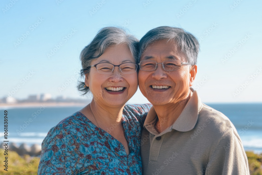 An elderly Chinese couple smiling in glasses against the backdrop of a seaside landscape. An elderly Chinese couple smiling in glasses against the backdrop of a seaside landscape.