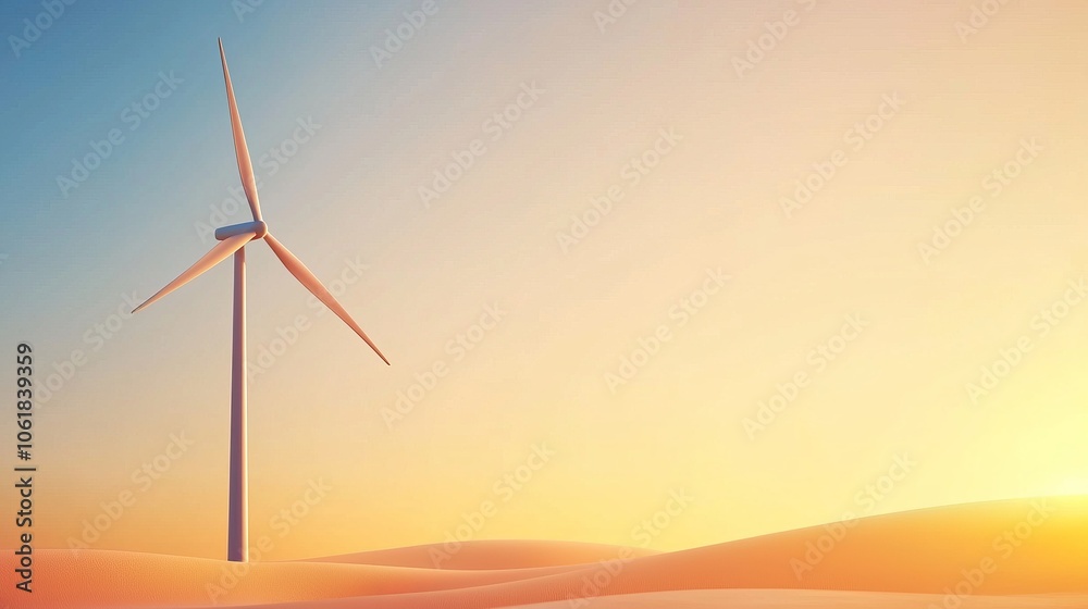 Fototapeta premium A serene landscape featuring a single wind turbine against a vibrant sunset. Ideal for sustainability and renewable energy themes.