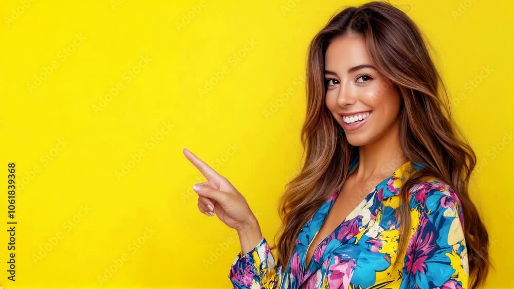 Smiling young woman with long hair, wearing a colorful floral top, pointing to the side against a bright yellow background, exuding positivity and energy. Smiling young woman with long hair, wearing a colorful floral top, pointing to the side against a bright yellow background, exuding positivity and energy.