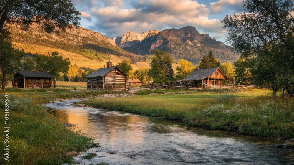 Obraz premium A tranquil afternoon by the creek with classic log cabins under the vibrant sky near the iconic Chief in autumn light
