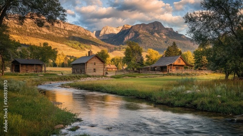 A tranquil afternoon by the creek with classic log cabins under the vibrant sky near the iconic Chief in autumn light photo