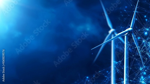 A stunning blue background featuring modern wind turbines, symbolizing renewable energy and sustainable technology innovation.