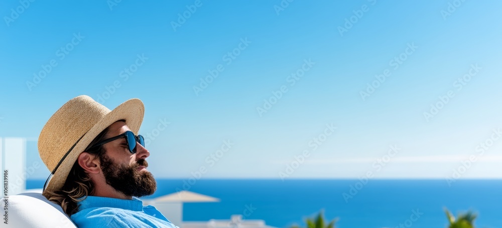 Fototapeta premium Man with a hat and sunglasses is sitting on a white chair by the ocean. The sky is blue and the water is calm. The man is enjoying the view and the peaceful atmosphere
