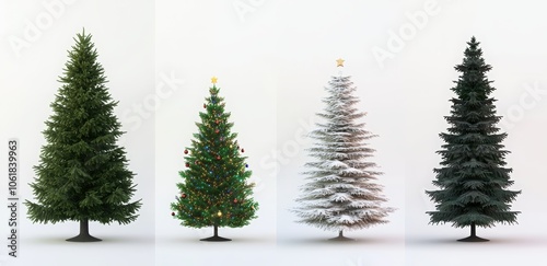 A set of four Christmas trees with lights and ornaments. Happy New Year.
