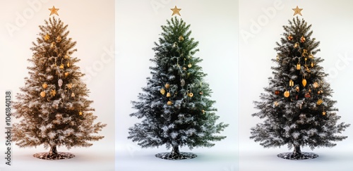 A set of four Christmas trees with lights and ornaments. Happy New Year.