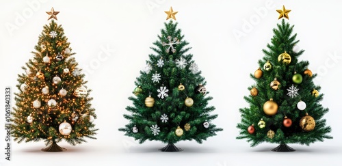 A set of four Christmas trees with lights and ornaments. Happy New Year.