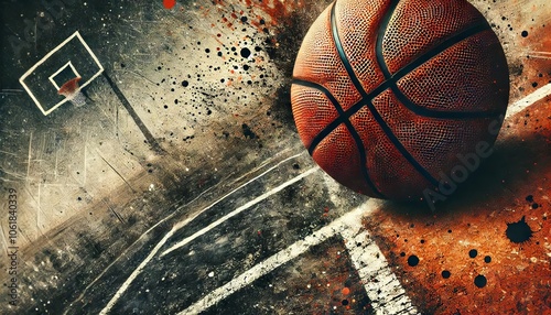 basketball with a rugged, textured surface set against a gritty background that resembles a weathered basketball court