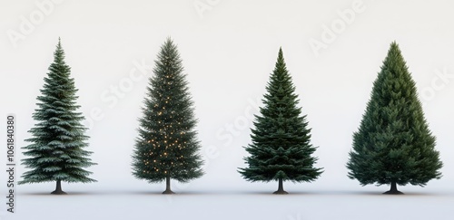 A set of four Christmas trees with lights and ornaments. Happy New Year.