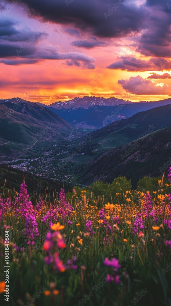 Obraz premium A stunning sunset view over Vail Valley adorned with vibrant wildflowers and majestic mountains