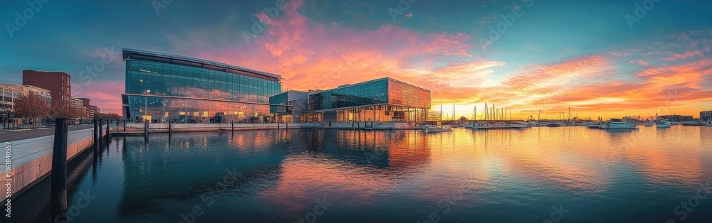 Stunning sunset over the Maryland Science Center reflecting on the harbor waters