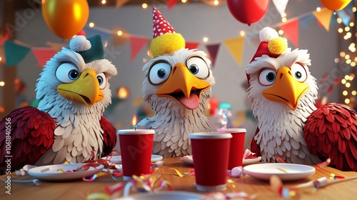 3D Cartoon Eagles Celebrate New Year's Party
