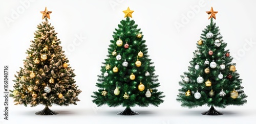 A set of four Christmas trees with lights and ornaments. Happy New Year.