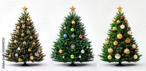 A set of four Christmas trees with lights and ornaments. Happy New Year.