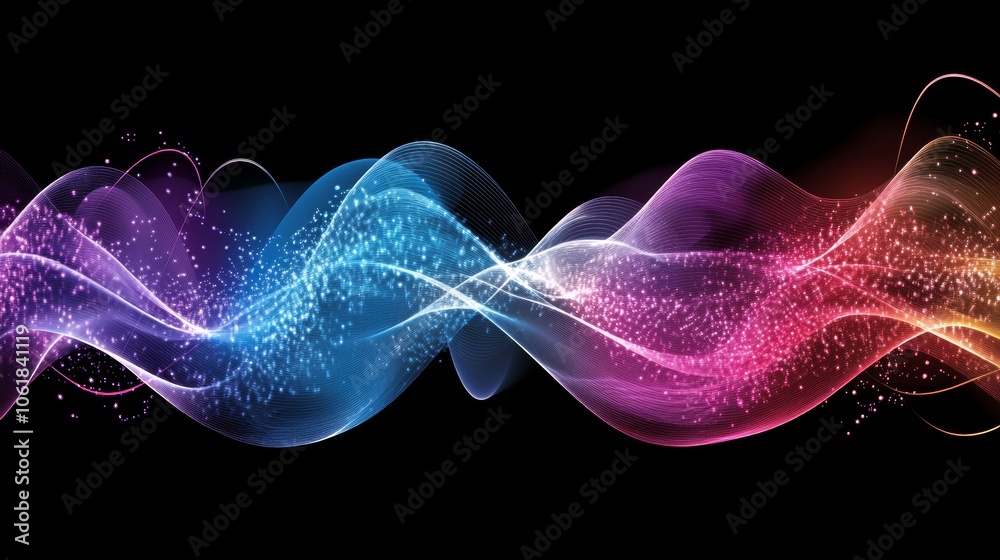 Fototapeta premium Abstract Colorful Glowing Waves with Sparkle Effect on Black Background
