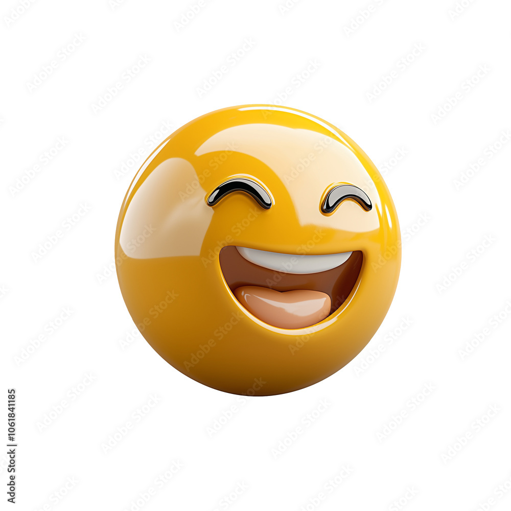 Fototapeta premium Yellow laughing emoji face on gray background, expressing joy and happiness