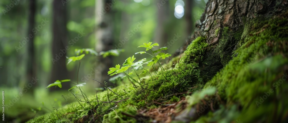Vibrant green moss and sprouting leaves thrive on a tree trunk in a serene forest, highlighting nature's beauty and resilience. Vibrant green moss and sprouting leaves thrive on a tree trunk in a serene forest, highlighting nature's beauty and resilience.