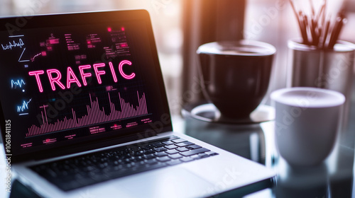 A modern laptop sits on a glass desk, its screen showing the word "TRAFFIC" in bright letters, with a background of online graphs and rising web analytics, symbolizing the effectiv