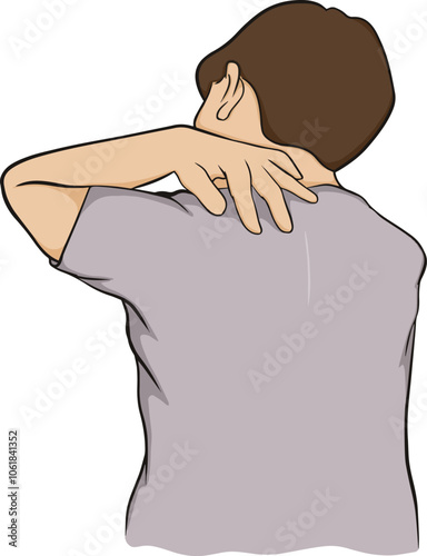 Cartoon drawing of a man suffering from neck pain extending to his shoulders, office syndrome. vector illustration.