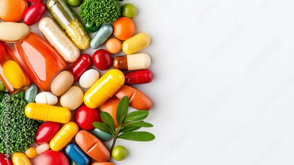 Colorful Vitamins, Supplements and Herbs on White Background Colorful Vitamins, Supplements and Herbs on White Background