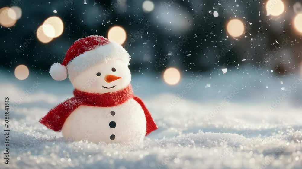 Cute snowman with red scarf and hat telling stories in falling snow for holiday content. Winter magic character. Visual material for Christmas animation Cute snowman with red scarf and hat telling stories in falling snow for holiday content. Winter magic character. Visual material for Christmas animation