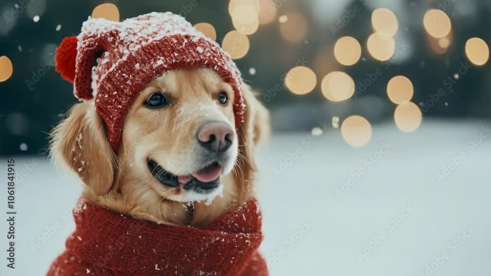 Happy golden retriever in red winter scarf playing in falling snow for holiday content. Christmas pet joy. Visual material for winter season marketing