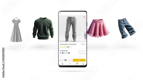Shopping, e-commerce, application and sales theme. Clothing that passes through the phone and products that are on sale.