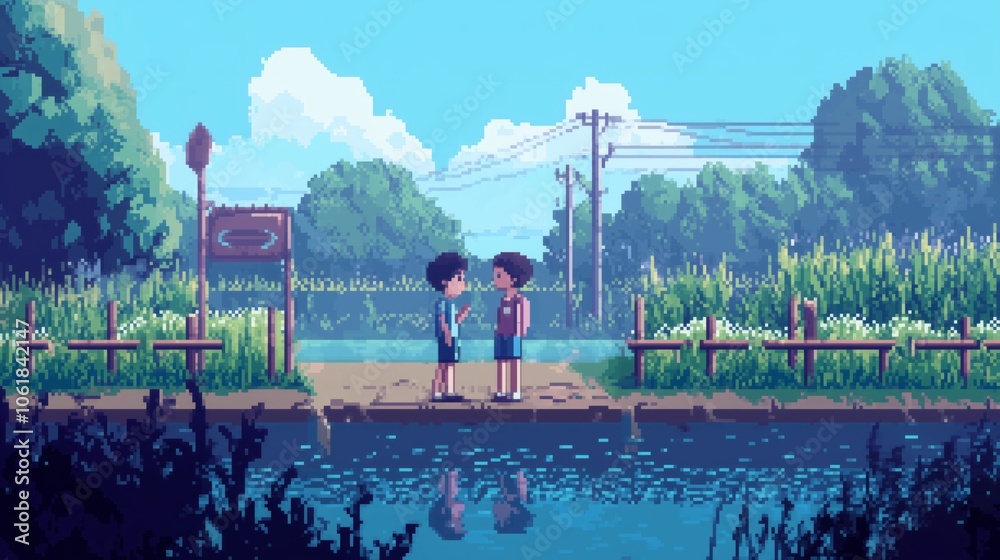 Obraz premium Two cheerful children are joyfully standing on a bridge over a flowing river