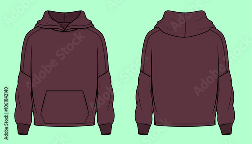 Drop shoulder fleece hoodie flat sketch outline