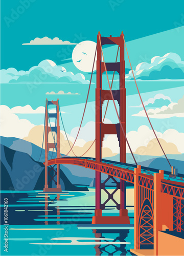 Golden Gate Bridge sunset vector illustration, San Francisco 