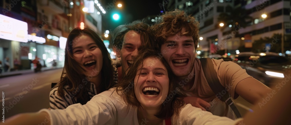 A lively group of friends embraces the joy of a city night, capturing their carefree spirits and happiness amid vibrant urban lights and bustling streets.