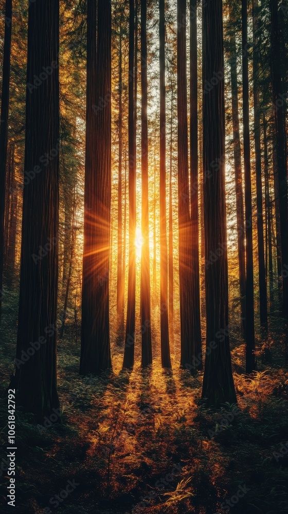 Fototapeta premium A breathtaking panorama of sunlight filtering through towering redwoods in a tranquil forest at dusk
