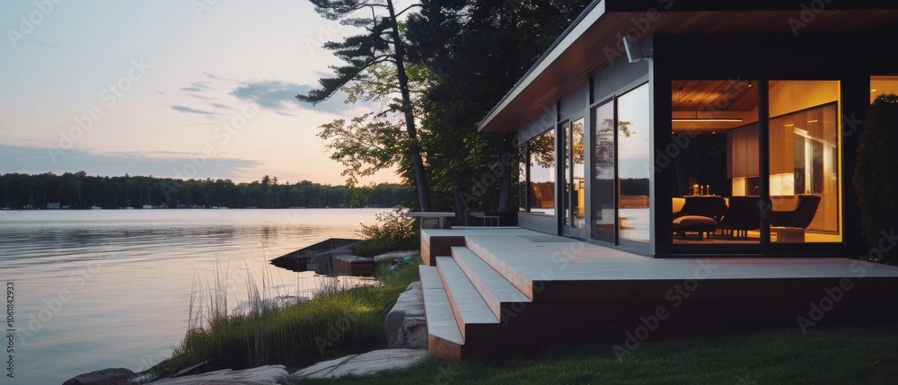 A modern house with sleek lines overlooks a serene lake at dusk ...