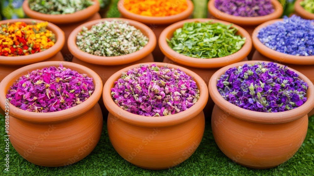 Colorful Dried Flower Petals in Clay Pots Colorful Dried Flower Petals in Clay Pots