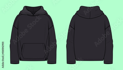 Black colour winter drop shoulder hoodie flat sketch.