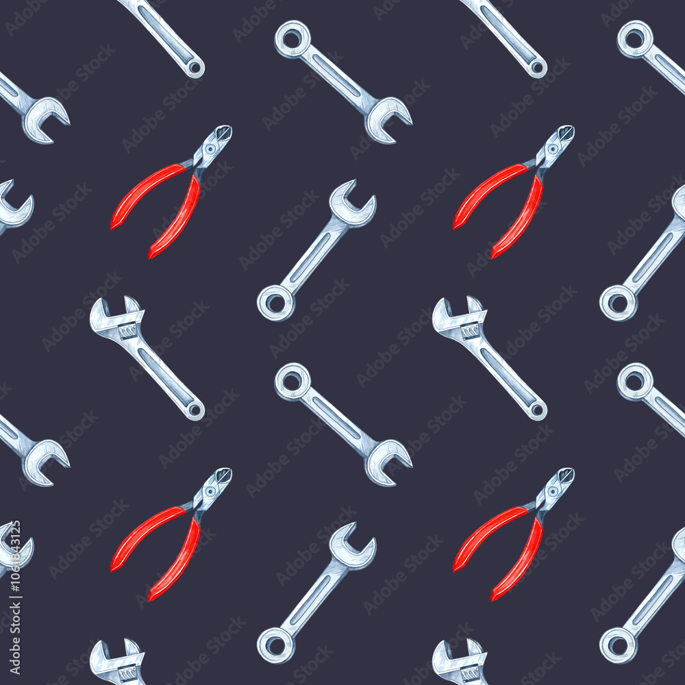 Fototapeta premium Silver wrenches and red-handled pliers on dark background. Seamless pattern. Hardware tools watercolor clipart for product designs, including packaging, gift wrap, and accessories with a rugged touch