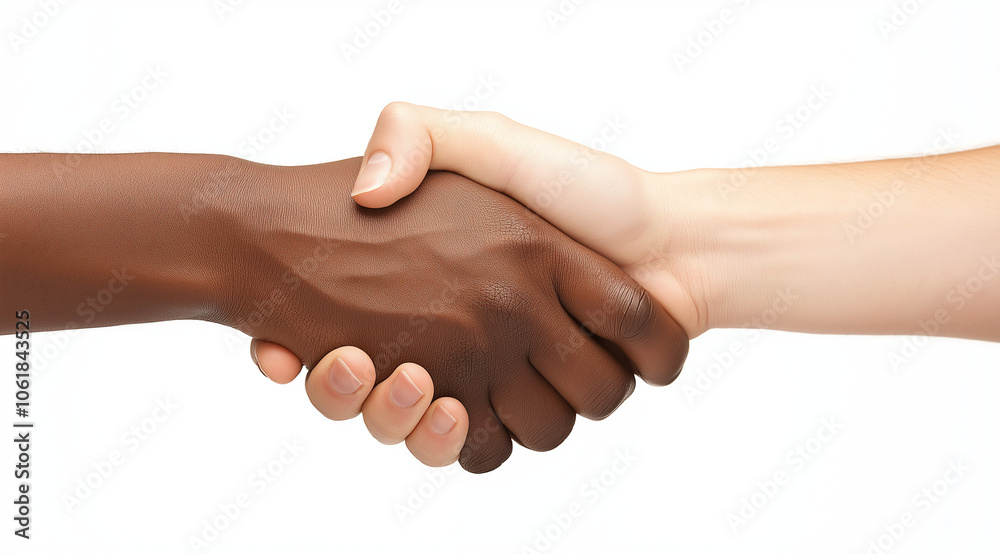 Close-up of two people shaking hands, one Black and the other White, on an isolated background. Close-up of two people shaking hands, one Black and the other White, on an isolated background.