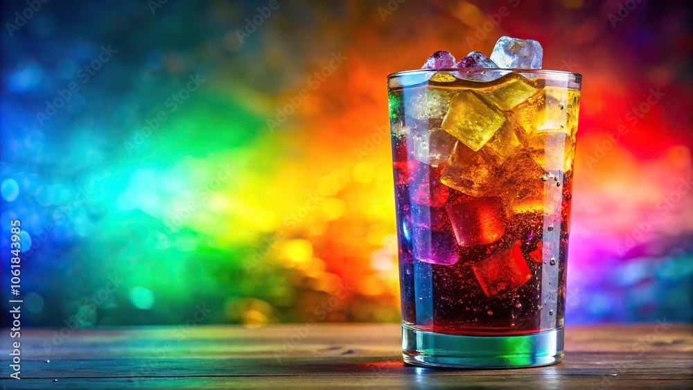 A colorful glass of fizzy soda with a few ice cubes floating in it, soft drink, bubbles, fizz, icy cold, pop style drink